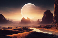 An Alien Planet Landscape With A Giant Moon In The Distance Digital Art Illustration