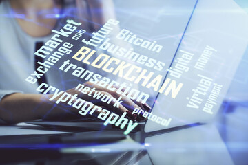 Poster - Double exposure of woman hands typing on computer and crypto market theme hologram drawing. Blockchain concept.