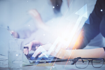 Poster - Double exposure of woman hands typing on computer and arrows drawing. Success concept.