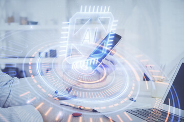Poster - Double exposure of man's hand holding and using a digital device and data theme hologram drawing. Technology concept.