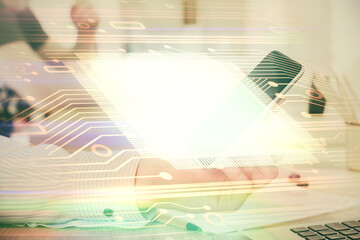 Aufkleber - Double exposure of man's hand holding and using a digital device and data theme hologram drawing. Technology concept.