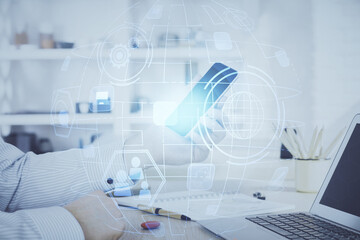 Poster - Double exposure of man's hands holding and using a phone and social network theme drawing.
