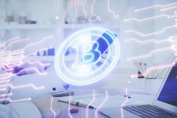 Poster - Double exposure of man's hands holding and using a phone and crypto currency blockchain theme drawing.
