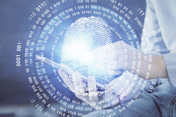 Poster - Double exposure of man's hands holding and using a digital device and fingerprint hologram drawing. Security concept.