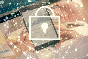 Poster - Multi exposure of man's hands holding and using a digital device and lock drawing. Security concept.