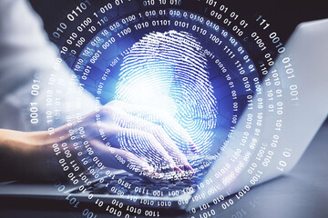Poster - Double exposure of woman hands typing on computer and fingerprint drawing. Security concept.