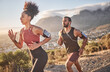 © Alexis S/peopleimages.com - Fitness, exercise and black couple running for cardio health on mountain road for speed, energy and wellness. Man and woman runner listen to music outdoor for workout and training for marathon race