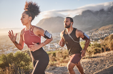 Sticker - Fitness, exercise and black couple running for cardio health on mountain road for speed, energy and wellness. Man and woman runner listen to music outdoor for workout and training for marathon race