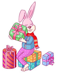 Wall Mural - Bunny sitting on gift boxes holding green Christmas present. Christmas illustration with cheerful happy bunny. Pink rabbit with red scarf illustration. PNG transparent background