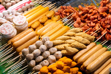 A Stall With Asian Kebabs At A Street Food Market In Thailand