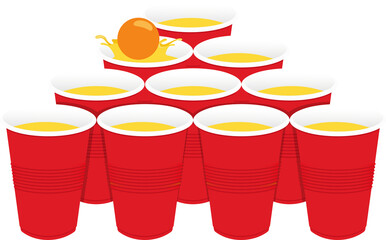 Red beer pong plastic cups and ball with splashing. Traditional party drinking game. 