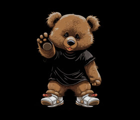 Sticker - Bear in a black T-shirt waving his paw isolated on a white background. Vector illustration