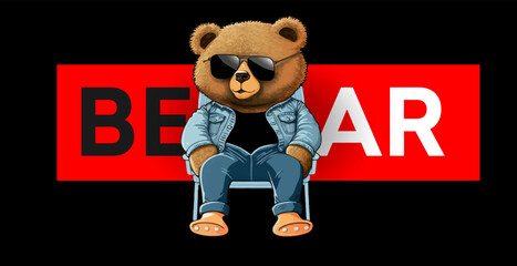 Sticker - A bear in sunglasses sits on a chair isolated on a white background. Vector illustration