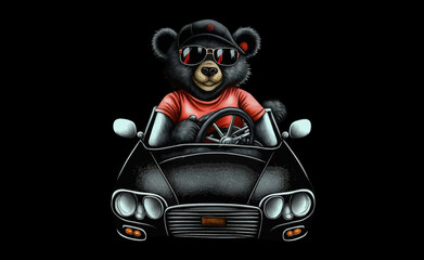 A bear in black clothes and sunglasses rides a black car isolated on a white background. Vector illustration