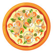 Pizza with seafood. Cartoon Italian fast food top view