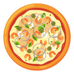 Poster - Pizza with seafood. Cartoon Italian fast food top view