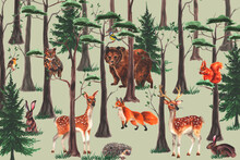 Watercolor Wild Animals Bear, Squirrel, Deer, Doe, Fox, Hare, Hedgehog, Owl And Birds On Forests Landscape. Children Interior  Wallpaper. Cartoon Illustration Fairy Forest With Wild Animals.