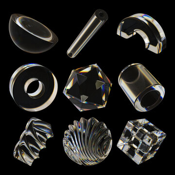 Set of dispersion glass 3d shapes and elements. 3d render illustration isolated on black background