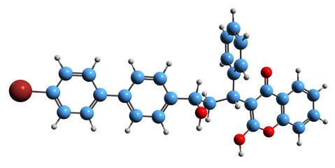 Poster -  3D image of Bromadiolone skeletal formula - molecular chemical structure of  anticoagulant rodenticide isolated on white background
