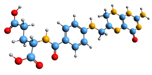 Poster -  3D image of Dihydrofolic acid skeletal formula - molecular chemical structure of vitamin B9 derivative isolated on white background