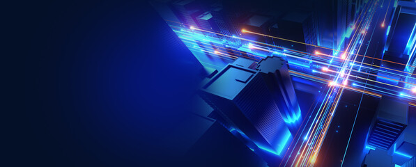 3D rendering, Cityscape With Glowing Data Lines, dolly rotate camera