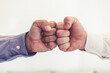 © Jelena Stanojkovic - Shot of two unrecognizable businesspeople giving a fist bump outside. Fist bump teamwork, motivation and collaboration or hands emoji sign for commitment, solidarity and goal.