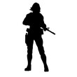 Black and white silhouette of a girl with a gun. A super woman in a leather military suit with pistols and a submachine gun or rifle. A computer game character
