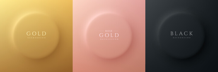 Wall Mural - Set of gold, rose gold and black round frame design. Abstract 3D circle pedestal podium for cosmetic product in top view design. Collection of luxury geometric background. Vector neumorphism style.