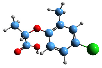 Poster -  3D image of Mecoprop skeletal formula - molecular chemical structure of methylchlorophenoxypropionic acid isolated on white background
