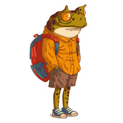 Wall Mural - An Frog Person, isolated vector illustration. Cartoon picture of a casually dressed toad wearing a backpack. Drawn animal sticker. An anthropomorphic frog on white background. An animal character.