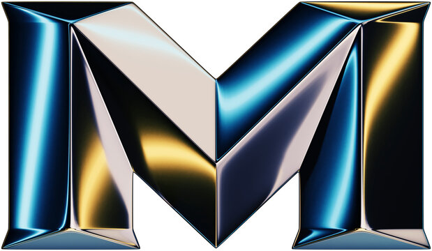 3d rendering of glossy chrome letter M with shining lights effect