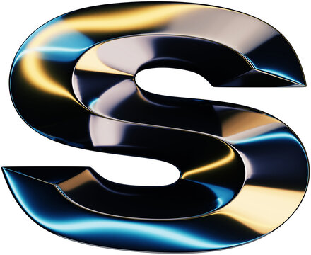 3d rendering of glossy chrome letter S with shining lights effect
