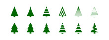 Christmas Tree Set Green Icons. X-mas Sign Simbol, Fir Tree Silhouettes. Vector Isolated Flat Illustration For Holiday Design
