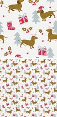  Chunky Dachshund characters, colorful party. Shape-based dog and simple style background. Geometric low poly animal pattern. Flat dog design,  Colorful seamless winter Xmas doxie pattern for kid's.