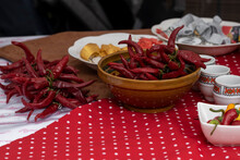 A bowl of traditional Hungarian red paprika or red chili peppers at a food festival in Hungary