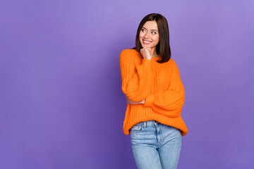 Wall Mural - Photo of positive pretty girl arm touch chin toothy smile look empty space isolated on violet color background
