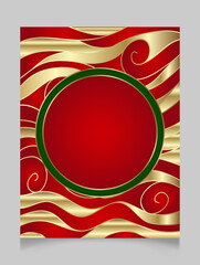 Wall Mural - Golden shiny glowing blank Christmas frame. Gold metal waves festive border with traditional red and green. Winter holidays background with copy space.