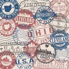  Cleveland, OH, USA Set of Stamps. Travel Stamp. Made In Product. Design Seals Old Style Insignia.