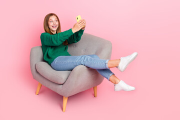 Wall Mural - Full length photo of funny funky girl dressed knitted pullover recording self video isolated pink color background