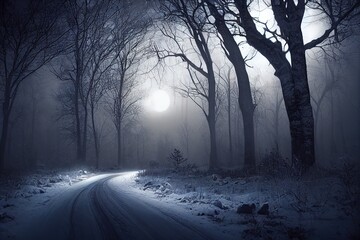 Wall Mural - Dark abstract winter forest background. Wooden floor, snow, fog. Dark night background in the forest with moonlight. Night view, magic