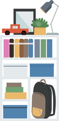 Poster - Kids bookcase semi flat color raster object. Full sized item on white. Books and toys. Storage cabinet for children room simple cartoon style illustration for web graphic design and animation