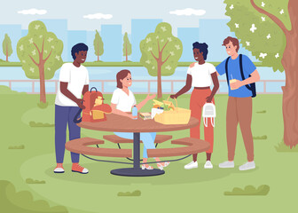 Poster - Friends meeting for picnic in park flat color raster illustration. Modern urban lifestyle. Public area with picnic table. Teenagers 2D simple cartoon characters with landscape on background