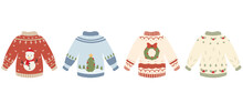 Collection Of Ugly Christmas Sweaters Or Jumpers Isolated On A Light Background. Set Of Handmade Knitted Woolen Winter Clothes. Vector Illustration In Flat Cartoon Style.