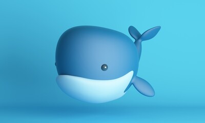 Poster - Cute little flying whale on blue background. 3d rendering