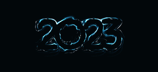 Poster - 2023 numbers with magic luminous lightning contour. Happy New Year event poster, greeting card cover, 2023 calendar design, invitation to celebrate New Year and Christmas. Vector illustration