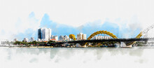 Watercolor Style Digital Art Of Da Nang City Panorama With Skyscrapers And Beautiful Architecture Bridges Along Han River On A Beautiful Bay
