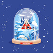 Glass snowballs with a winter landscape. Christmas Snow forest and house. Vector happy holiday illustration