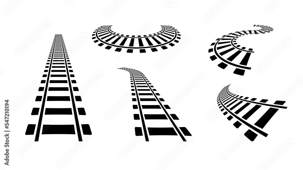 Wavy Train Track Rails Railways set. Wavy and straight black path made of steel lines with ...