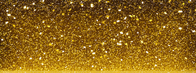 Confetti gold glitter shiny sparkle with luxury light glow on blur 3D. Happy New Year and Christmas holidays party celebration greeting card or beautiful wallpaper 8K