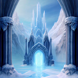 Fairy tale ice castle with high towers in the mountains. View of the castle through the giant arch.